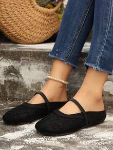 Women's New Black & Beige Retro Casual Elegant College Style Embroidered Flat Soft Bottom Elastic Band Sandals, Beige Fashion Versatile Lightweight Slide Sandals - Black - View 4