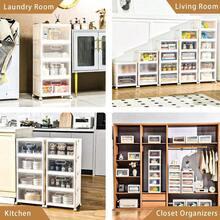 Contenedores de almacenamiento multicapa con ruedas - Cajones plegables transparentes de 4 niveles y 23 cuartos con tapas, organizador ahorra espacio para dormitorio, oficina y dormitorio universitario - blanco lechoso - paquete de 4 con 1 tapa y ruedas - Ver 9