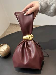 1pc Solid Color PU Leather Handbag, Burgundy Ancora Design, Women's Personalized Mini Cloud Pleated Bag With Metal Decor Zipper Closure, Suitable For Daily And Outdoor Use - Burgundy - View 12