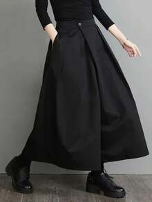 女士优雅黑色阔腿哈伦裤 - 纯色无弹力纽扣细节，适合春、夏、秋季休闲及正式场合穿着，舒适贴身，版型挺括，面料轻盈，经典款式，专为成年女性设计 - 黑色 - 查看 10