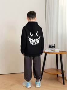 Tween Boys Casual Black Printed Thermal Lined Hooded Pullover Sweatshirt, Autumn