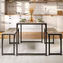 3-Piece Dining Table Set For 4,  Kitchen Table Set With 2 Benches, Dining Room Table Set With Adjustable Foot Pads,Room Deocr,Grey, Christmas Gift - 灰色 - 查看 1