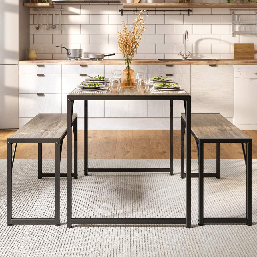 3-Piece Dining Table Set For 4,  Kitchen Table Set With 2 Benches, Dining Room Table Set With Adjustable Foot Pads,Room Deocr,Grey, Christmas Gift - 灰色 - 查看 1