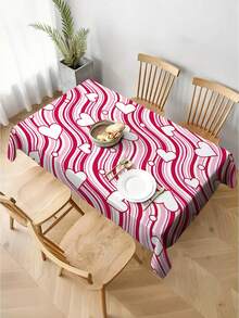 1件情人节桌布，涤纶材质，粉色波浪爱心图案，爱心图案，防污防皱，适用于厨房、餐厅和野餐装饰，情人节礼物，家居用品，家居装饰，节日装饰，情人节装饰