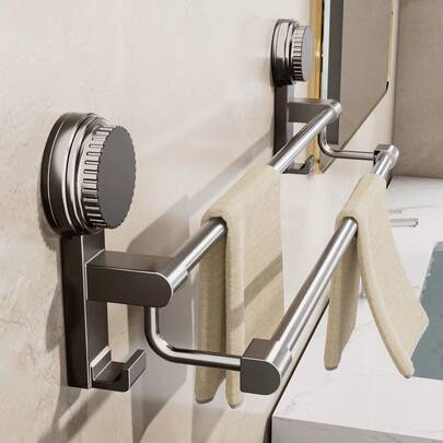 1个吸盘式双杆毛巾架，交错式设计，30/40/50/60厘米可调节尺寸 | 完美满足全家需求，灰色免钻孔浴室毛巾收纳架，交错式双杆设计（通风良好），两用：毛巾架和拖鞋架，无损墙面安装 - 可重复使用，浴室，毛巾架，毛巾杆，浴室收纳