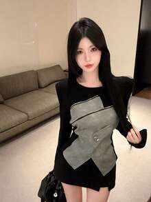 不对称拼接圆领长袖T恤，独特设计，修身休闲上衣，春季款 - 黑色 - 查看 1