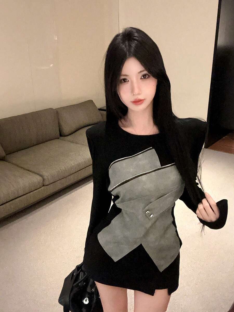 不对称拼接圆领长袖T恤，独特设计，修身休闲上衣，春季款 - 黑色 - 查看 1