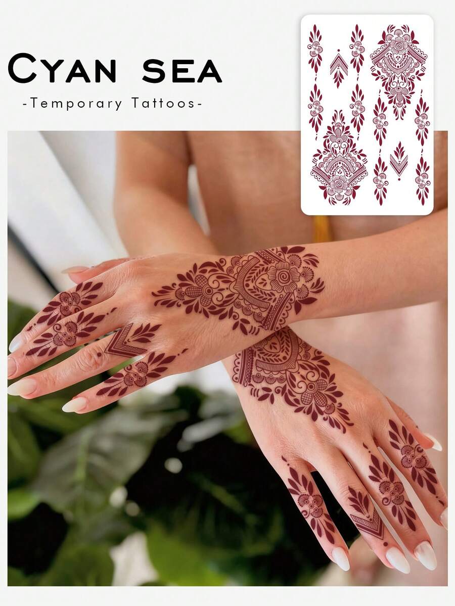 1 miếng dán hình xăm, tặng kèm hình xăm hoa henna tạm thời, chống thấm nước, chống mồ hôi, không phản chiếu, chất liệu PVC, dùng một lần, phù hợp cho những người yêu thích thời trang sử dụng hàng ngày. - Đỏ - Xem 1