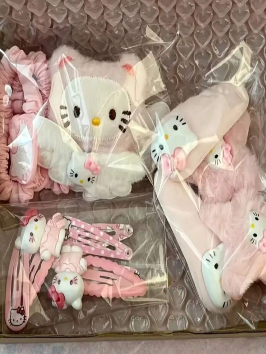 Sanrio 15件套三丽鸥Hello Kitty粉色发夹套装，可爱毛绒猫嘴发夹，日式侧边发饰，情人节礼物，KT猫头饰 - 彩色 - 查看 1
