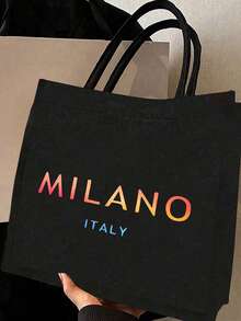 色彩缤纷的“意大利米兰”印花亚麻手提袋套装，简约大容量单肩包，带便携式化妆包，休闲百搭手提袋，多功能购物袋，个性化礼品袋 - 彩色 - 查看 14