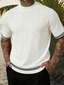 Men's Contrast Color Vertical Striped Knit Crew Neck Top - White - View 2