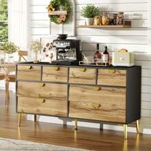 L150*W40*H78cm, Moderne Sideboard Mit 8 Schubladen, Schwarz & Holzfarben, Minimalistisches Design, Goldene Metallgriff, Metallfüße, Für Wohnzimmer Und Esszimmer - 棕色 - 查看 5