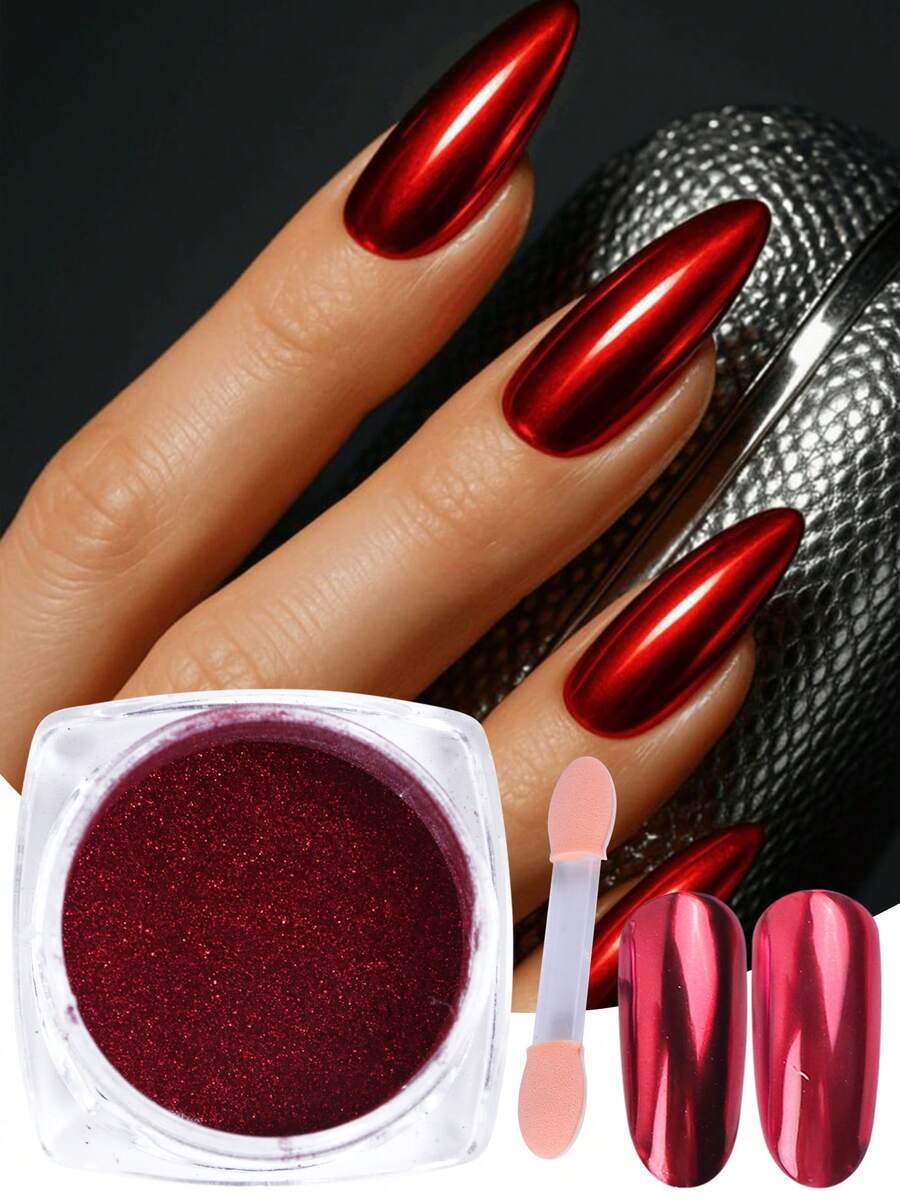 1 Box rotes metallisches Spiegelpulver, geeignet für Weihnachten und Valentinstag, rotes holografisches Nagelpulver für DIY Glitzer-Maniküre, DIY Dekorative Gestaltung - Rot - Übersicht 1