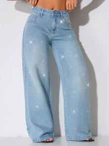 Jeans casuales de cintura baja y pierna ancha de color azul con bolsillos en diagonal y adornos con cuentas, para primavera - Agua verde azul - Ver 5