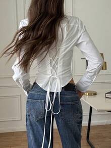 Women's Simple Casual Solid White Sexy Elegant Tie-Waist Turndown Collar Blouse, Suitable For Daily, Date, Valentine's Day, Commuting, Spring/Summer/Autumn - White - View 2