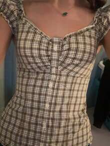 Women Button Down Lace Top V Neck Ruffle Low Cut Cap Sleeved Babydoll Cute Shirt Slim Fit Coquette Blouse - Nâu nhạt - Xem 8