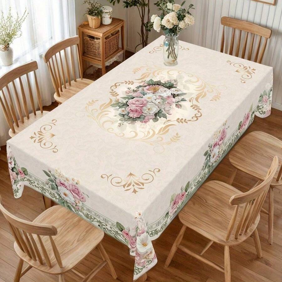 1pc French Romantic Vintage Floral Tablecloth With Roses & Daisies In Pink, White, Green & Beige - Elegant Rectangular Table Cover For Indoor/Outdoor Use, Weddings, Valentine's Day, Birthdays, Home Kitchen Decor, Lace Tablecloth, Indoor Outdoor Decor, Daisy Pattern, Highquality Material, Machinemade Fabric, Decorative Tablecloth, Wedding Planners, Event Organizers - Khăn trải bàn - Xem 1