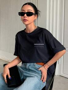T-Shirt With "Perseverance" Print Lettering. Minimalist, Casual, Modern, Sophisticated, Simple, Basic, Summer, Oversized. - Black - View 6