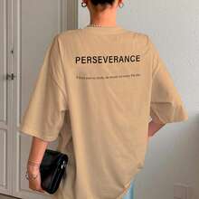 T-Shirt With "Perseverance" Print Lettering. Minimalist, Casual, Modern, Sophisticated, Simple, Basic, Summer, Oversized. - Straw - View 10