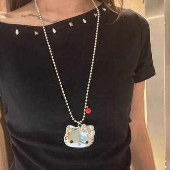Sanrio 1pc Minimalist Metal Silver Hello Kitty Cat Pendant Necklace, Y2K Punk Choker Sweater Chain For Women