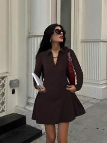 Women's Casual Chic High-End Daily Street Style Solid Color Open Collar Button Front Dress, Autumn/Winter - Brown - View 1