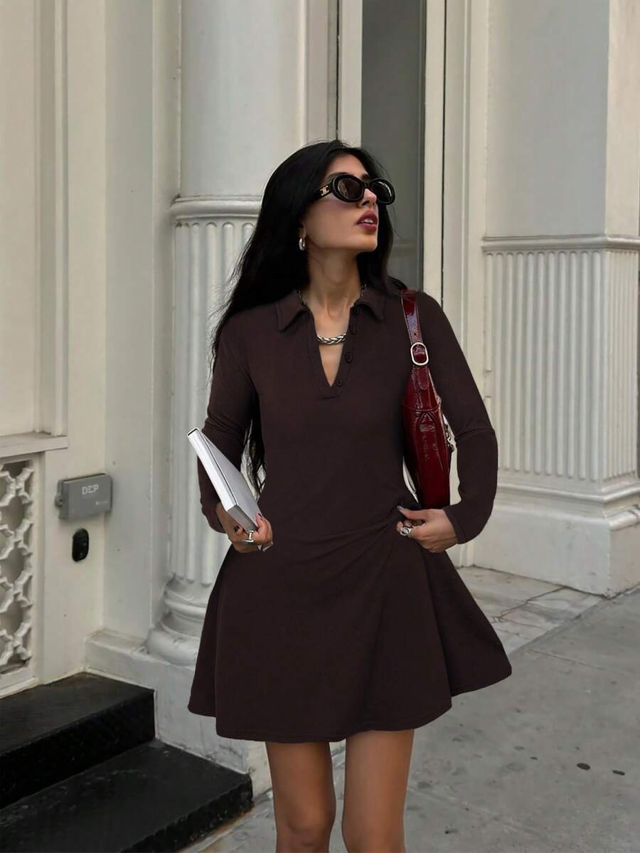 Women's Casual Chic High-End Daily Street Style Solid Color Open Collar Button Front Dress, Autumn/Winter - Brown - View 1