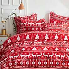 Christmas Bed Comforter Set - Festive Style with Red & White Snowflake and Deer Patterns, King Size (1 Comforter + 2 Pillowcases) for Holiday Decor - Ciervo - Ver 6