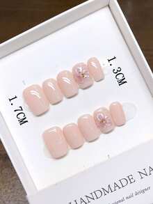 Pure Handmade Wearable Nails With Square Nail Shape, Hand-Painted Pink Carved Nails With High-Quality Temperament And Simple Design, Autumn And Winter, Full Coverage False Nails, Y2K Nails, Unique And Niche Creative False Nails, Daily Nails, Cute Modern Style Nails, Daily Use, Detachable Wear And Reusable - Multicolor - View 3