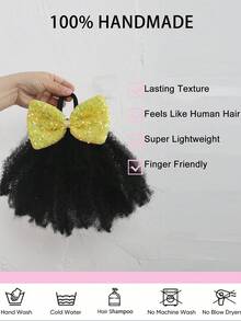 闪亮蝴蝶结发夹，蓬松卷曲的马利辫马尾辫，带松紧带，柔软发丝，适合儿童，1个装 - 黑色 - 查看 5