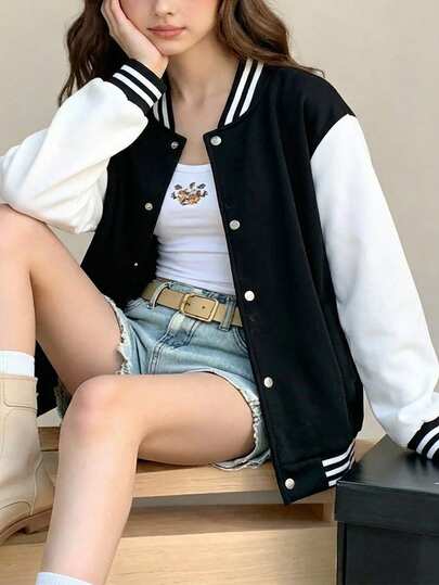 1 件青少年女孩休闲宽松拼色罗纹羊毛加厚前扣开衫夹克，春/秋/冬