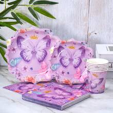 Soft Pastel Purple Butterfly Crown Petal Shaped Disposable Plates, Napkins, Cups, Tablecloth And Banner Set, Party Supplies Set For 8 Guests, Suitable For Birthday, Wedding, Theme Party, Family Picnic