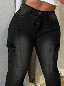 Chicsale Plus Size Women's Cargo Jeans - Slim Fit Stretch Denim With Utility Pockets, Solid Color For Everyday - Black - View 4