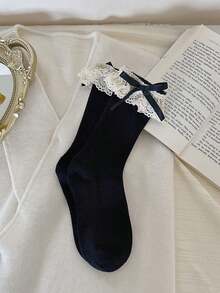 1双蝴蝶结蕾丝边短袜，可爱女童中筒袜，百搭校园/休闲风格，春秋季 - 彩色 - 查看 14