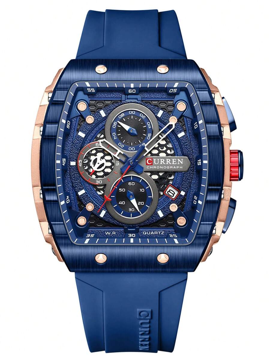 Fashionable Wine Barrel Shaped Large Dial Sports Watch With Unique Rectangular Hollow Design Quartz Watch, Equipped With Chronograph Automatic Date - Màu xanh lam - Xem 1