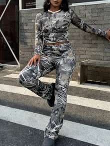 2 Pcs Women's Fall Sets Multicolur Long Sleeve Tee Top And High Waisted Leggings Pants Workout Set,Easter Day Clothes - nâu xám - Xem 7