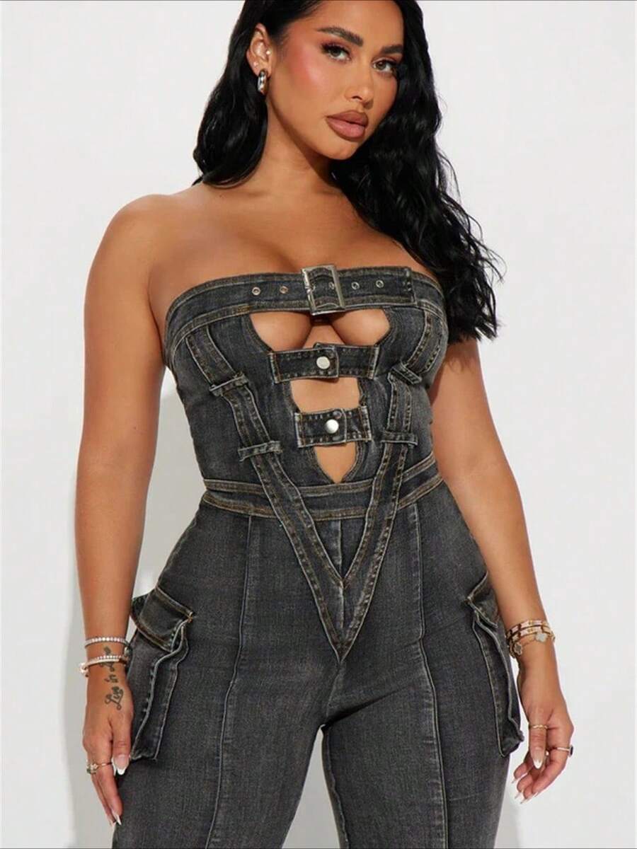 Women's Denim Jumpsuit Women's Fashion Spice Girl Tube Top Multi-Pocket Overalls - 黑色 - 查看 1