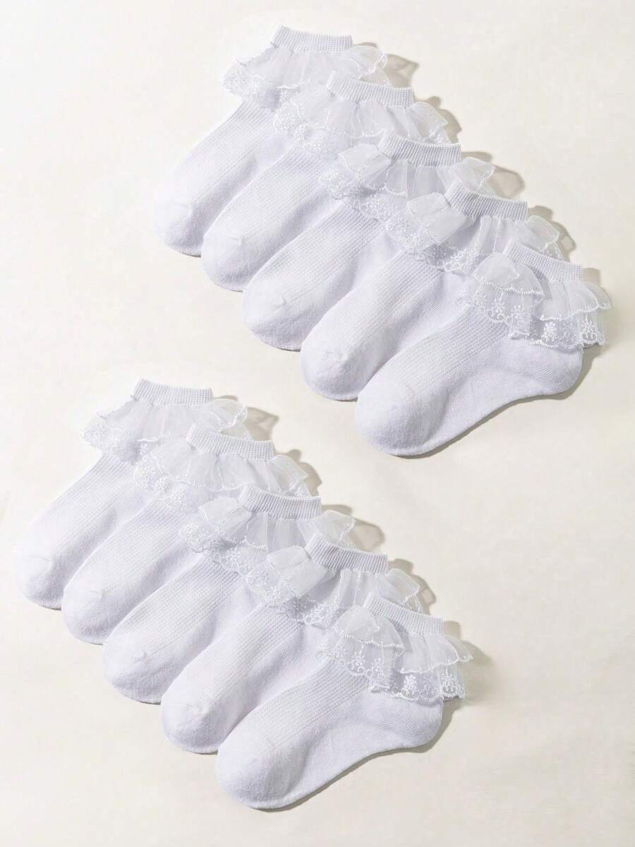 5双装女童/儿童白色校服袜，时尚休闲精致柔软公主蕾丝边袜，简约甜美薄款透气网眼袜，经典百搭，适合生日派对/休闲活动/舞台表演/校园穿着 - 白色 - 查看 1