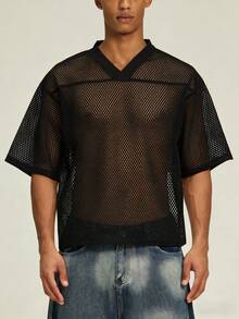 1PCS Summer Boxy Fit Crochet T-Shirt Men's 100% Polyester Mesh Jersey, Casual Urban Oversized Streetwear High-Quality V Neck Short-Sleeved Fashion Breathable Men Sexy Summer See Through Top Tee - 黑色 - 查看 12
