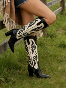 Cowgirl Boots For Women Embroidery Butterfly Knee High Western Boots Pointed Toe Block Heel Cowboy Boots Pull On Side Zipper Outdoor Indoor Party Dressy Shoes - Black and White - View 8