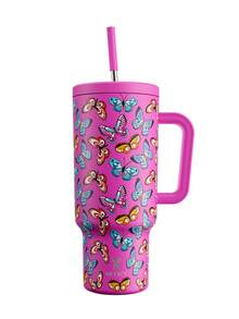 Meoky 40oz Tumbler with Handle and Straw, Insulated Cup, Vacuum Insulated Water Bottle, Tumbler with Lid and Straw, Insulated Stainless Steel Travel Mug, 100% Leak-proof, Keeps Cold for 34 Hours or Hot for 10 Hours (Pink bflies) - 粉色 - 查看 9