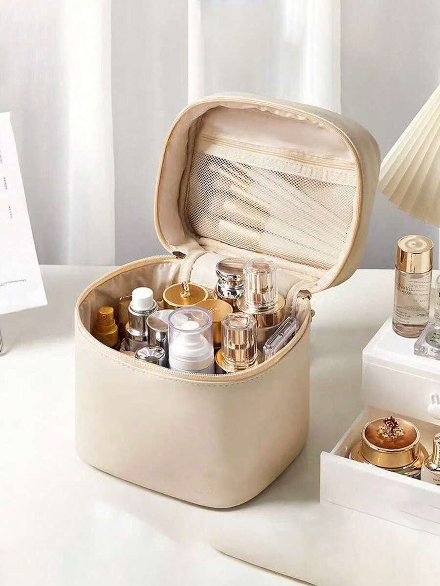 Borsa trucco da donna 2025 di grande capacità, organizer portatile per cosmetici, beauty case da viaggio di alta qualità - Beige - Visualizzare 1