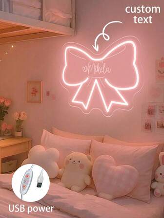 Custom Cute Bow Name Neon Sign Christmas Decorations Home Girl Room Decor ,Pink Bow Neon Light Sign Home Decor,Personalized Birthday Christmas Decorations Gift.