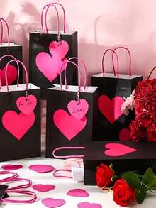24/12/6/3pcs Valentine's Day Kraft Paper Gift Bags With Red Heart Tags, Heart-Shaped Valentine's Gift Bags, Black And Pink Design, Red And Pink Paper Party Bags With Handles, Anniversary Surprise Gift Bags, Foldable Shopping Bags And Valentine's Party Bags, Holiday Decorations, Shopping Bags, Romantic Occasion Gift Bags, Wedding Party Gift Bags, Handmade Tote Bags For Mother's Day, Valentine's Day, Birthday And Love Occasions - Multicolor - View 2