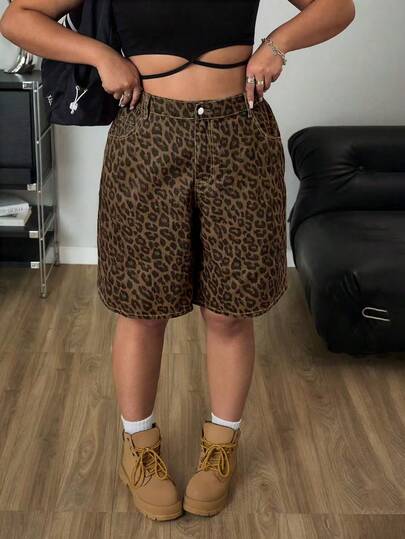 女士豹纹弹力腰牛仔短裤，复古风，百搭夏季热裤