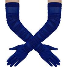 Women's Long Stretchy Ruched Mesh Tulle Sheer Gloves Costume Opera Party 1920's Dance Gloves - 寶藍色 - 查看 1