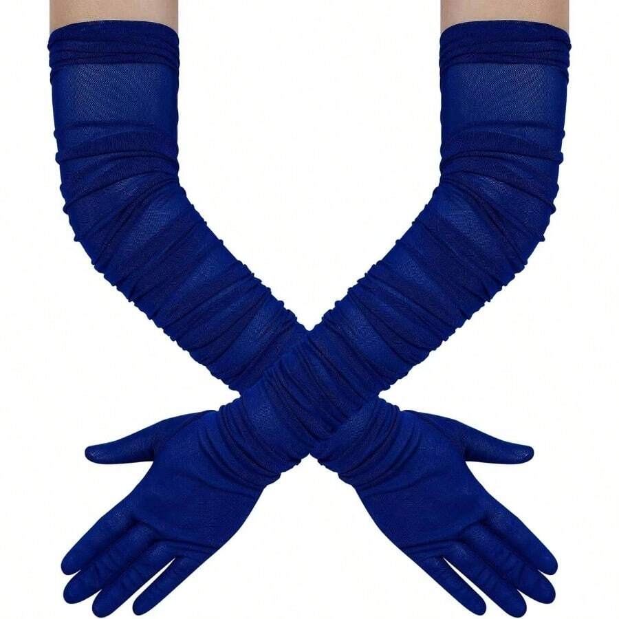 Women's Long Stretchy Ruched Mesh Tulle Sheer Gloves Costume Opera Party 1920's Dance Gloves - 寶藍色 - 查看 1