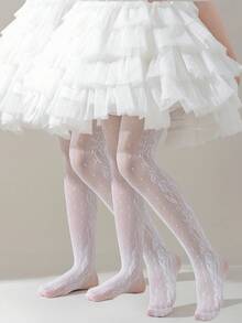 1/2 双女童夏季纯白色/米色镂空蕾丝网眼透气连裤袜，百搭日常穿着