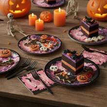 96 piezas platos y servilletas de Halloween, decoración de fiesta de zombi, vajilla para fiesta de Halloween, platos de papel para 24 (Rosa) - Rosa - Ver 3