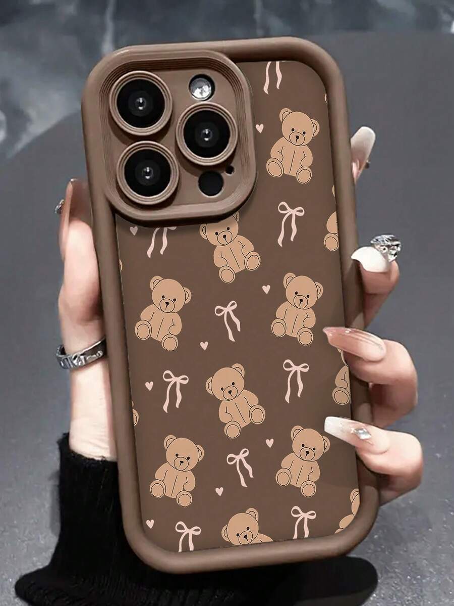 Teddy Bear Phone CaseCute Cartoon Style For IPhone 17 16 15 14 13 12 11 Plus Pro Max. Featuring Adorable Teddy Bear And Ribbon Pattern Perfect For Adding A Touch Of Playful . A Delightful Gift. - Cà phê nâu - Xem 1