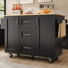 Kitchen Island, Removable Partitions, Removable Casters (Used As Kitchen Cabinets), Dining Cart With Workbench, Buffet Cabinet, Dining Cart With Wood Grain Finish, Side Towel Rack With Casters, Black - 黑色 - View 3